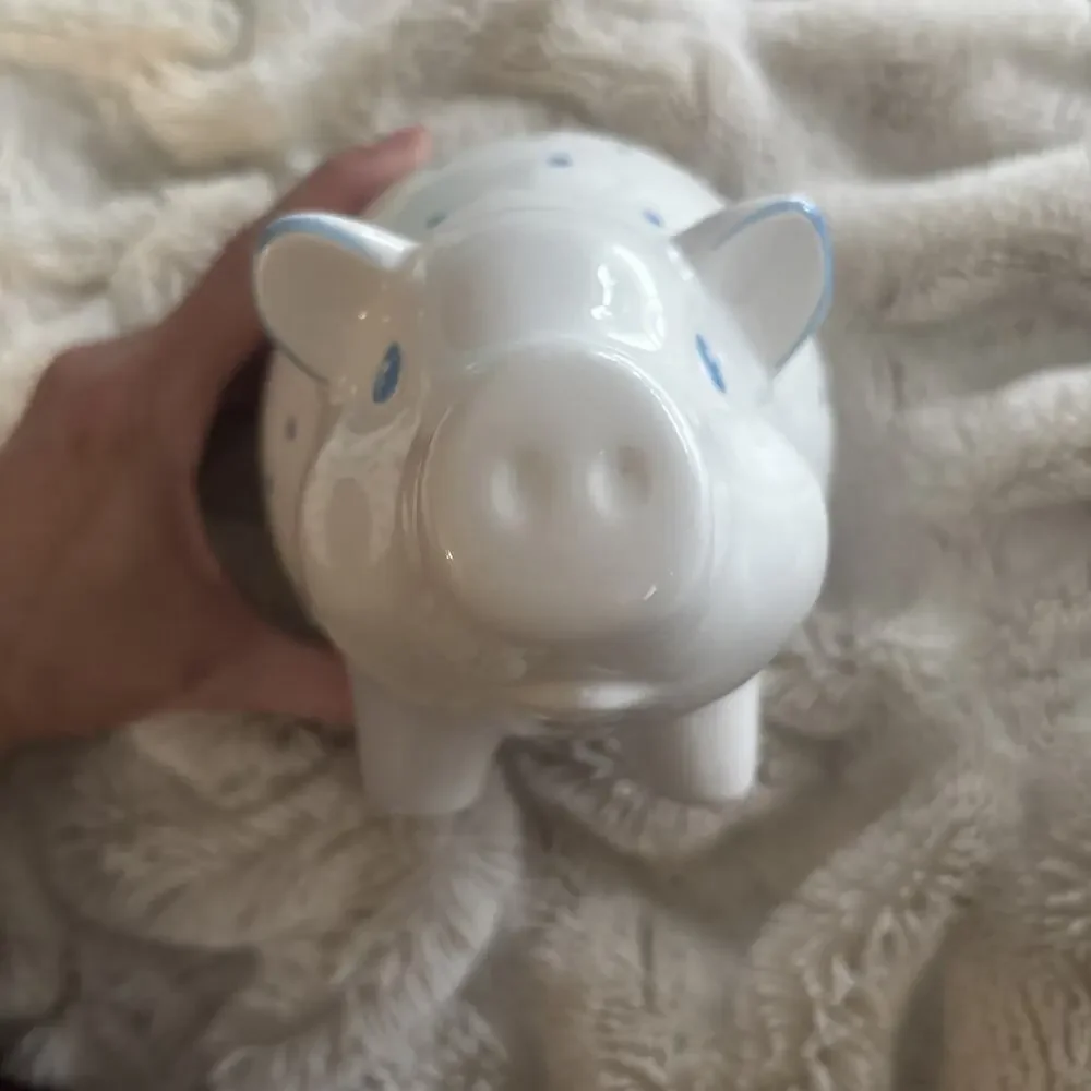 Tiffany & Co. Handpainted Ceramic Piggy Bank White Blue Polka Dots (Retired)